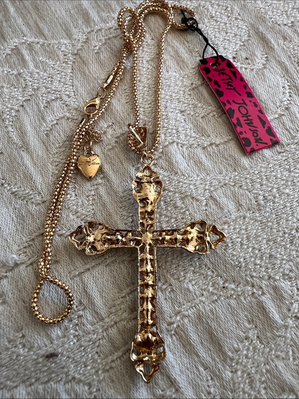 Betsey Johnson Gold-tone Multicolor Crystal Cross Pendant Necklace NWT - Picture 2 of 6